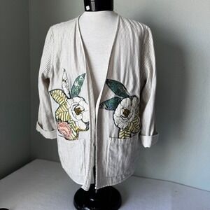 Floral Applique Pinstripe Open Front Jacket Cream Boho Cottagecore Womens M or L